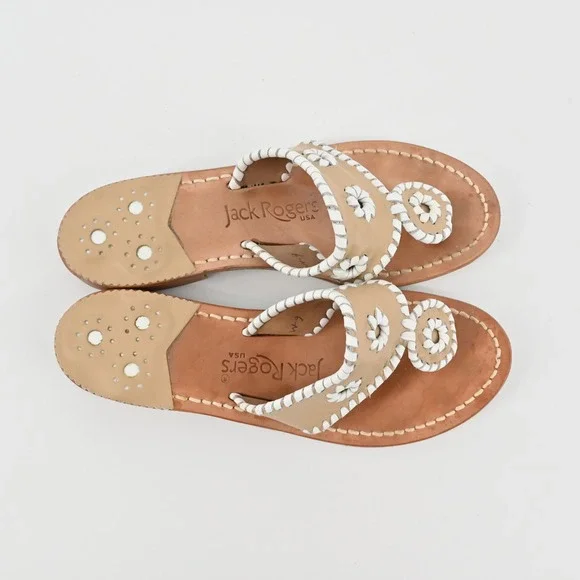 Jack Rogers Georgica Thong Sandals Womens Size 6 Tan White Leather Whipstitch - Picture 6 of 8